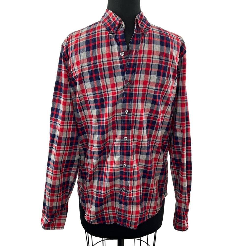 J. Crew Slim Red Blue Plaid Cotton Long Sleeve Button Down Shirt 93064 Men's M